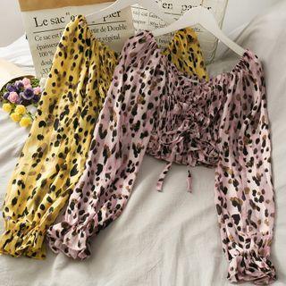 Boatneck Leopard-print Drawstring Smocked Crop Top
