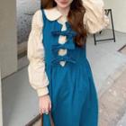 Puff-sleeve Blouse / Bow Midi Overall Dress