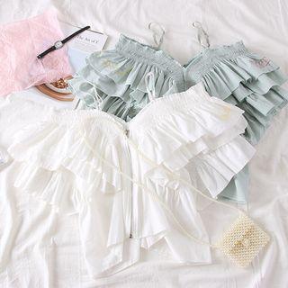 Off-shoulder Ruffled-trim Embroidered Blouse
