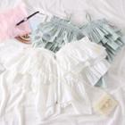 Off-shoulder Ruffled-trim Embroidered Blouse