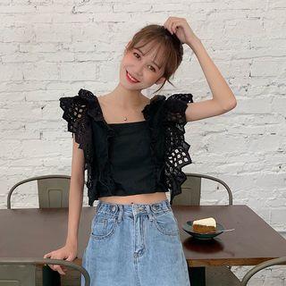 Sleeveless Perforated Ruffled Ribbon Back Cropped Top