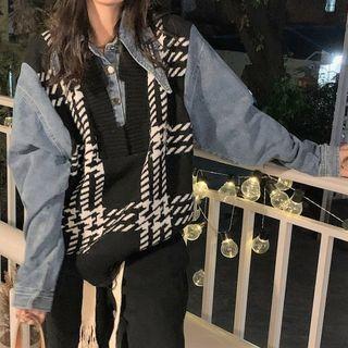 Mock Two-piece Houndstooth Panel Denim Top Black & Blue - One Size