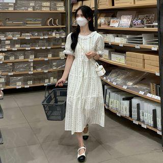Puff-sleeve Floral Print Layered Dress White - One Size