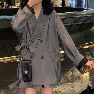 Set: Bow-accent Double-buttoned Blazer + Wide-leg Shorts