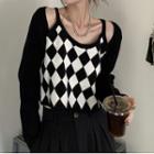 Mock-two-piece Long-sleeve Off Shoulder Plain Panel Argyle Sweater