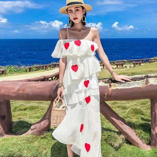 Off Shoulder Heart Print Midi Dress