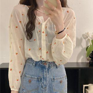 Long-sleeve Cherry Embroidered Sheer Blouse Almond - One Size