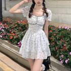 Short-sleeve Floral Open-back Mini A-line Dress