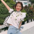 Short-sleeve Flower Embroidered Top White - One Size