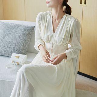 Long-sleeve Faux Pearl Embellished A-line Midi Dress