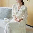 Long-sleeve Faux Pearl Embellished A-line Midi Dress
