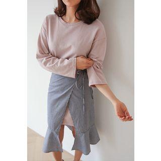 Set: Round-neck Top + Wrap-front Checked Skirt