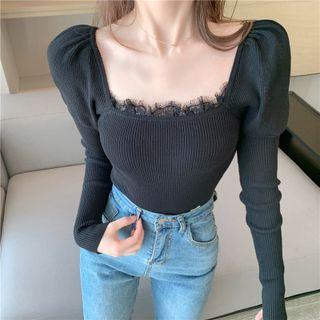 Long-sleeve Square-neck Lace Trim Knit Top