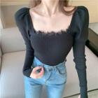 Long-sleeve Square-neck Lace Trim Knit Top