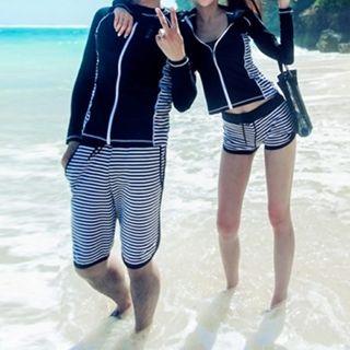 Set: Striped Couple Matching Zip-up Rashguard + Swim Shorts