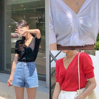Puff-sleeve Shirred-detail Cardigan