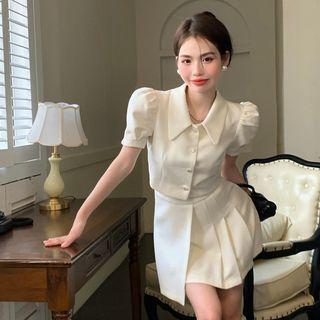 Puff-sleeve Crop Shirt / Mini A-line Skirt