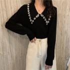 Long-sleeve Beaded Collared Knit Top