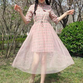 Mock Two Piece Plaid Short Sleeve Shirt Dress + Midi Mesh Skirt