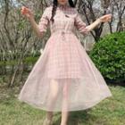 Mock Two Piece Plaid Short Sleeve Shirt Dress + Midi Mesh Skirt