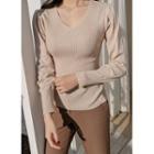Puff-sleeve Slim-fit Ribbed Knit Top