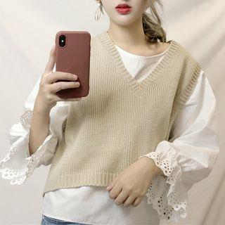 Bell-sleeve Top / V-neck Knit Vest / Mock Turtleneck Striped Long-sleeve Top