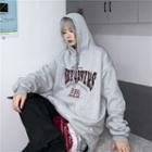 Lettering Print Drawstring Hoodie Gray - One Size