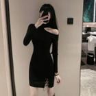 Long-sleeve Mock-neck Cold-shoulder Knit Mini Sheath Dress Black - One Size