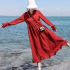 Heart Print Long-sleeve Midi A-line Dress