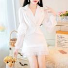 Set: Beaded Button Cropped Blazer + Lace Trim Mini Skirt