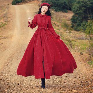 Long-sleeve Corduroy Frill-trim Maxi A-line Shirtdress