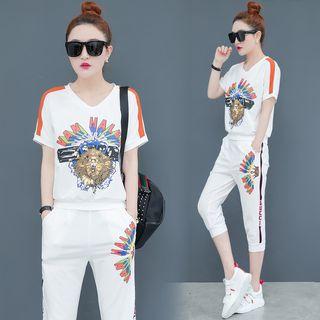 Set: Short-sleeve Printed Top + Sweatpants