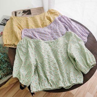 Floral Print Gingham Puff-sleeve Blouse