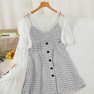 Set: Puff-sleeve Top + Plaid Mini A-line Overall Dress