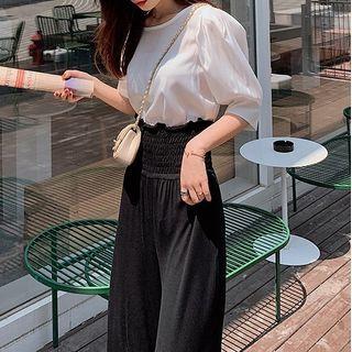 Set: Balloon-sleeve Blouse + Wide Leg Pants