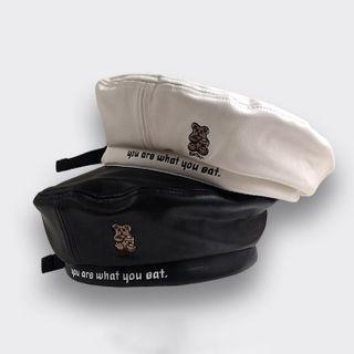Bear Embroidered Faux Leather Beret