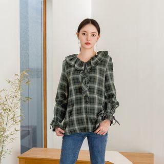 Tie-cuff Ruffle-trim Plaid Blouse Dark Green - One Size