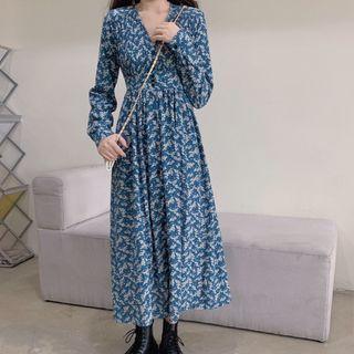 Long-sleeve Floral Printed V-neck Maxi Dress