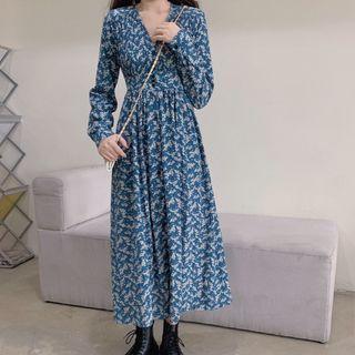 Long-sleeve Floral Printed V-neck Maxi Dress