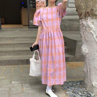 Short-sleeve Plaid Maxi Dress Pink - One Size