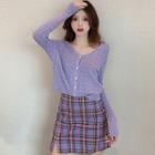Long-sleeve Button Crochet Knit Top / Plaid Mini Fitted Skirt