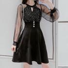 Long-sleeve Glitter Mesh Paneled A-line Mini Dress