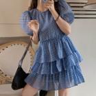 Puff-sleeve Plaid Layered Mini A-line Dress