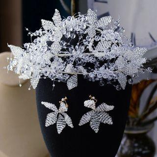 Set: Beaded Flower Headpiece + Drop Earring Crown - White & 1 Pair - Earring - White - One Size
