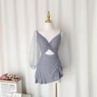 Mesh Panel Balloon-sleeve Swim Top / Swim Skirt / Swim Dress / Set
