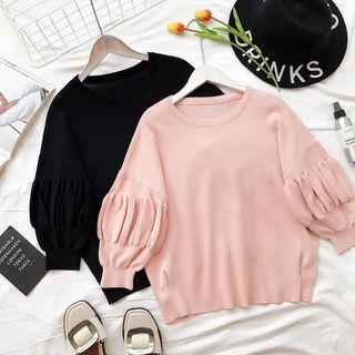 Plain Round-neck Puff-sleeve Knit Top