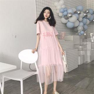 Elbow-sleeve Lettering Midi Mesh Dress