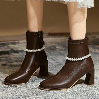 Faux Pearl Strap Chunky Heel Short Boots