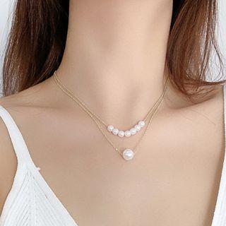 Faux Pearl Layered Necklace Cx1616 - Gold - One Size