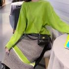 Set: Long-sleeve Plain Knit Top + Contrast Trim Knit Skirt